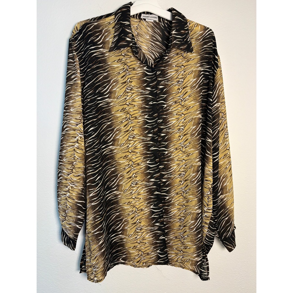 Trendy Looks Animal Print Button Down Blouse Brown Gold Tiger Stripe Size 20